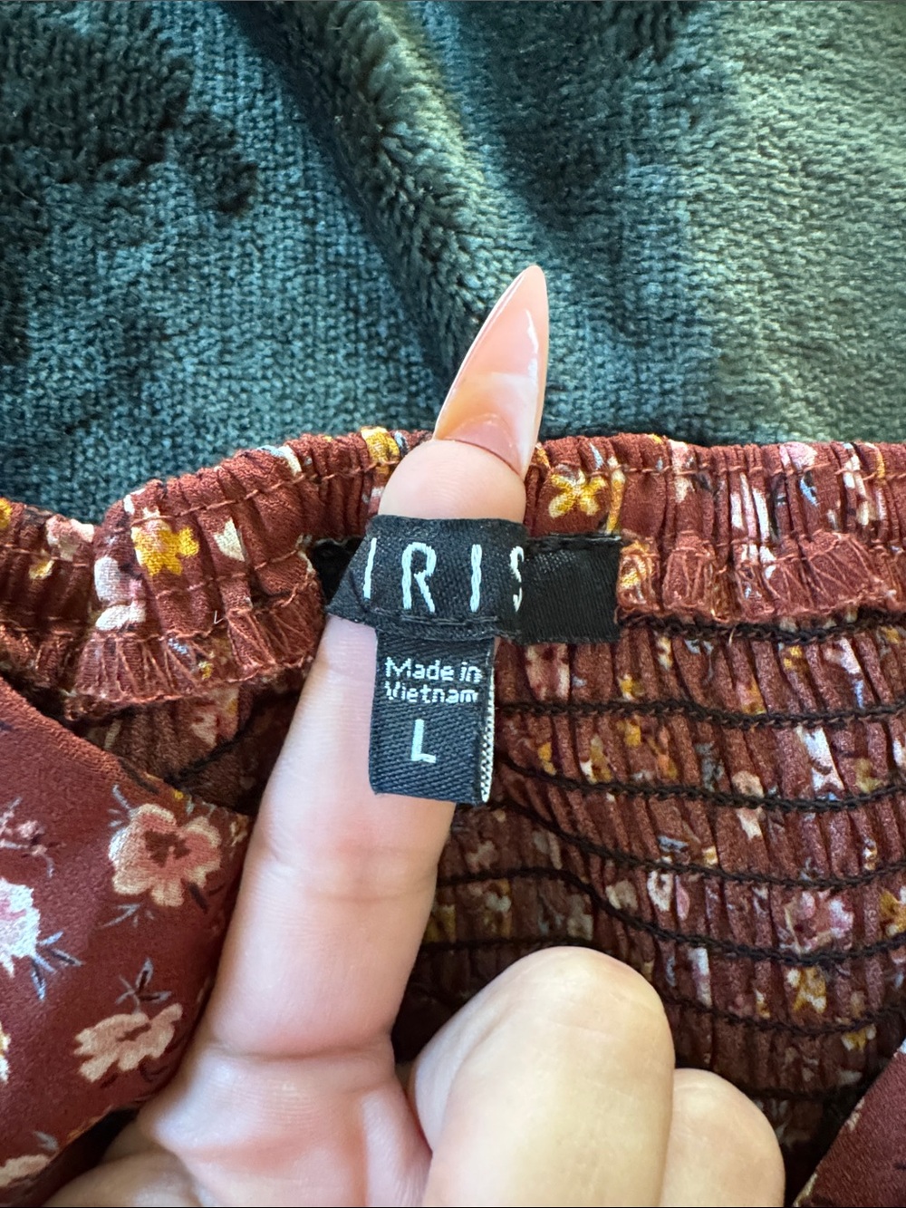 Iris rust brown floral smocked tie front puff sleeve mini dress L - Picture 5 of 5